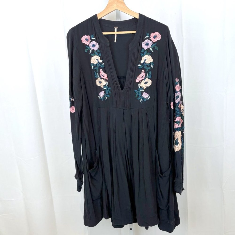 Free People Black Long Sleeve Dress with Floral Embroidery